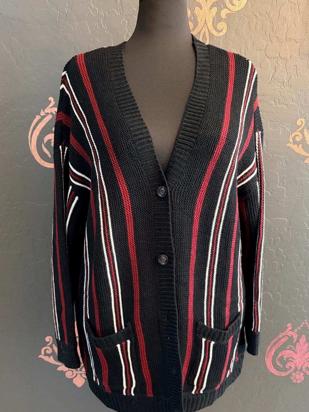 BloomChic Black Cardigan with Red and White Vertical Stripes